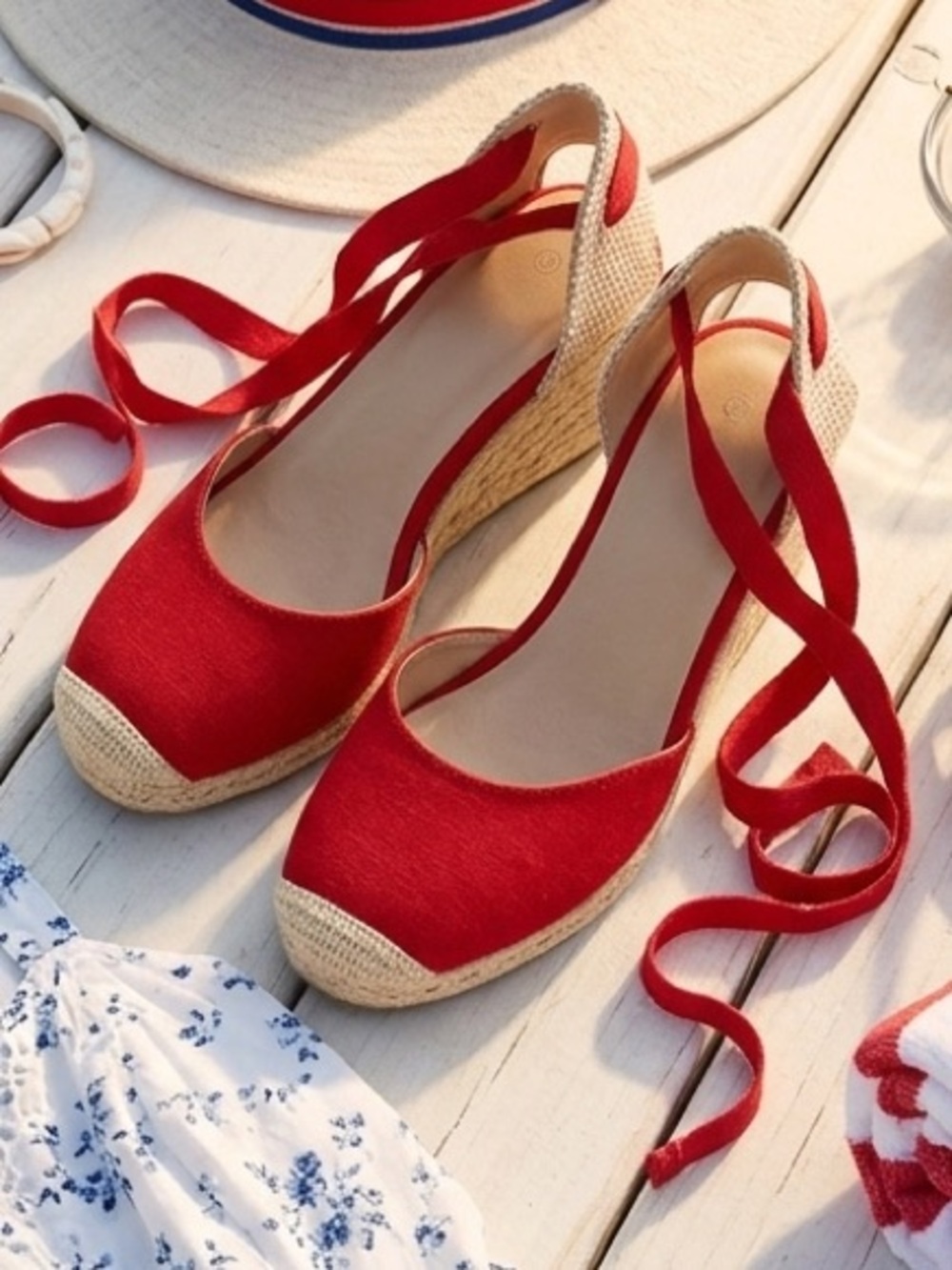 Vibrant Red Lace-Up New Espadrille Wedges 9 Festival Boho Party Vacation Resort